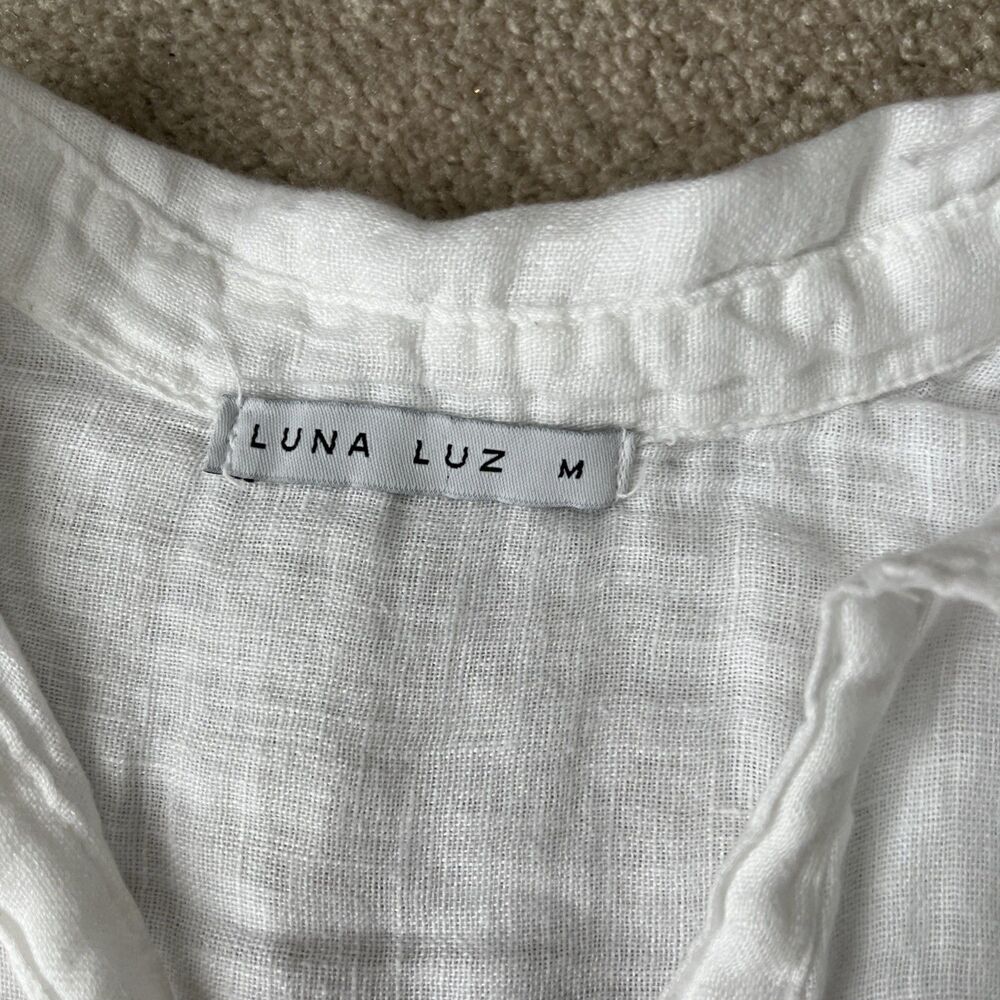 Luna Luz Linen Top Medium White Cover Up Collared Boho Beach Lagenlook Vacation - Picture 2 of 6